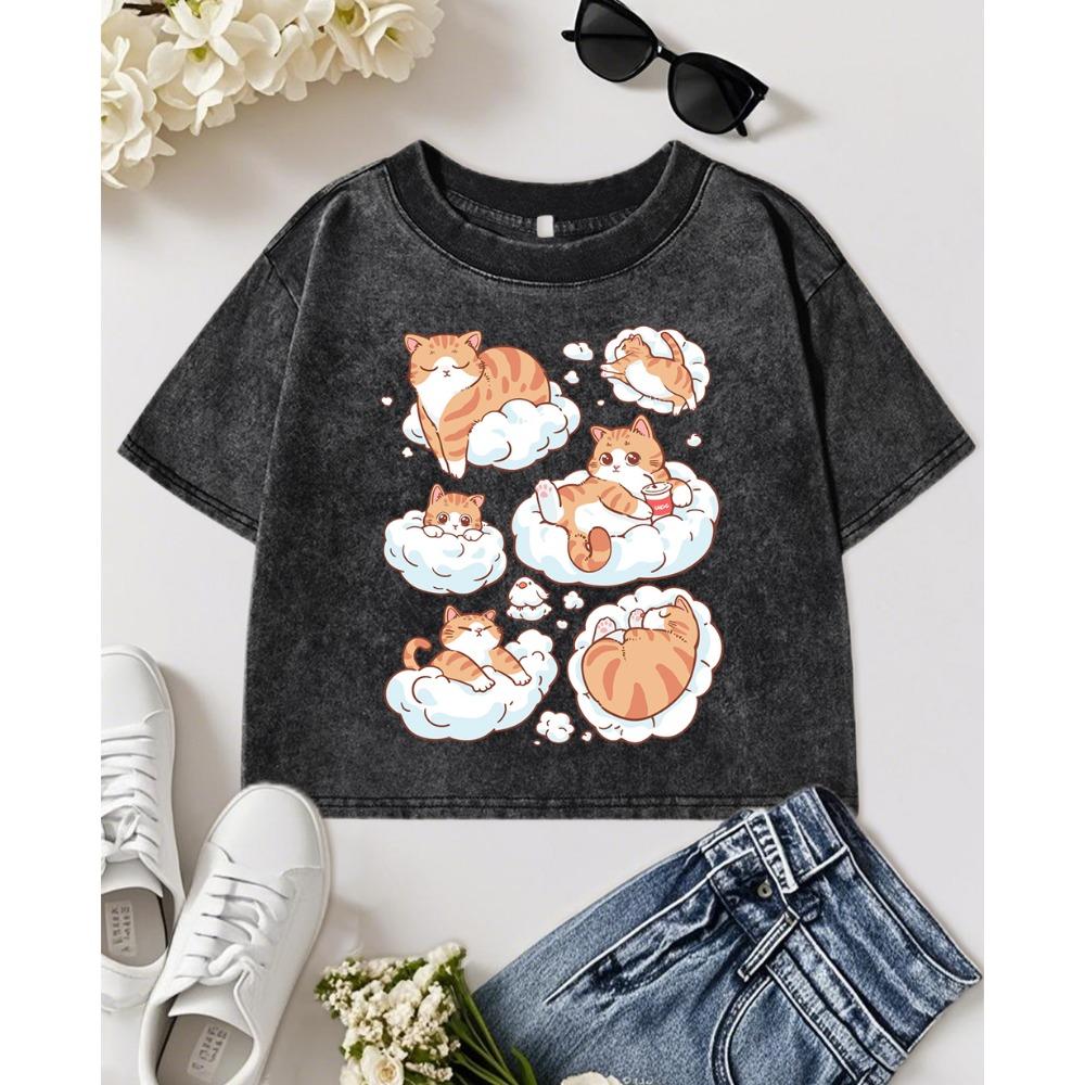 

6 Удобных Поз Лежа Для Кошек Принтованные Женские Выстиранные Футболки Хлопковая Футболка с Круглым Вырезом Y2K Облегающая Женская L