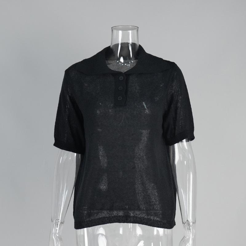 Suéter calado de punto de manga corta 2025 otoño y verano nuevo camiseta de manga abullonada suéter de punto simple mujer