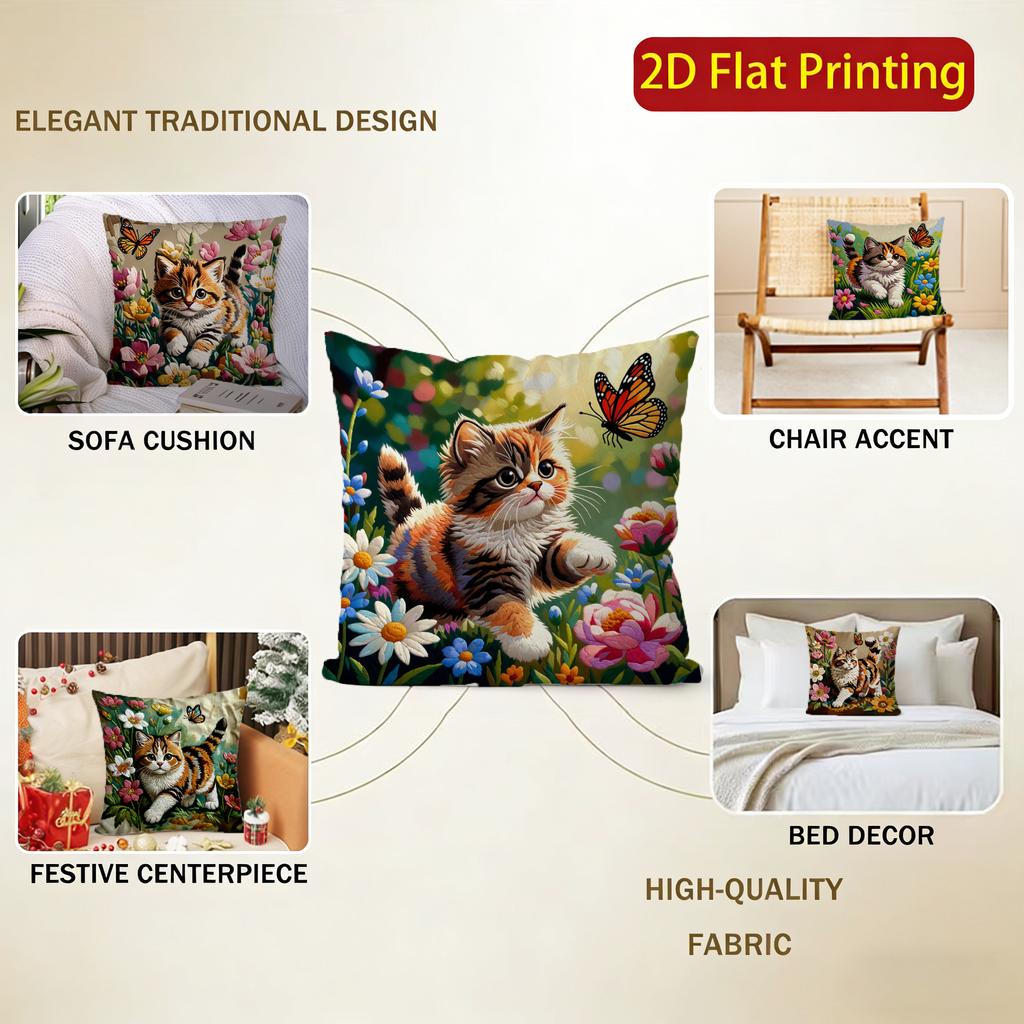 Cute Floral Kitten Square Throw Pillow Covers Pattern Cushion Cover Suitable For Sofa Bedroom Car Pillow Cover
