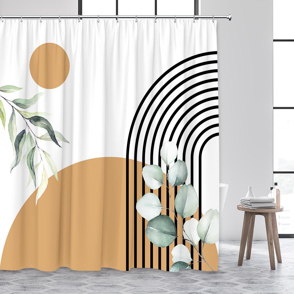 Mid Century Shower Curtains Watercolor Green Leaves Black Line Creative Geometric Modern Bathroom Curtain Polyester Decor