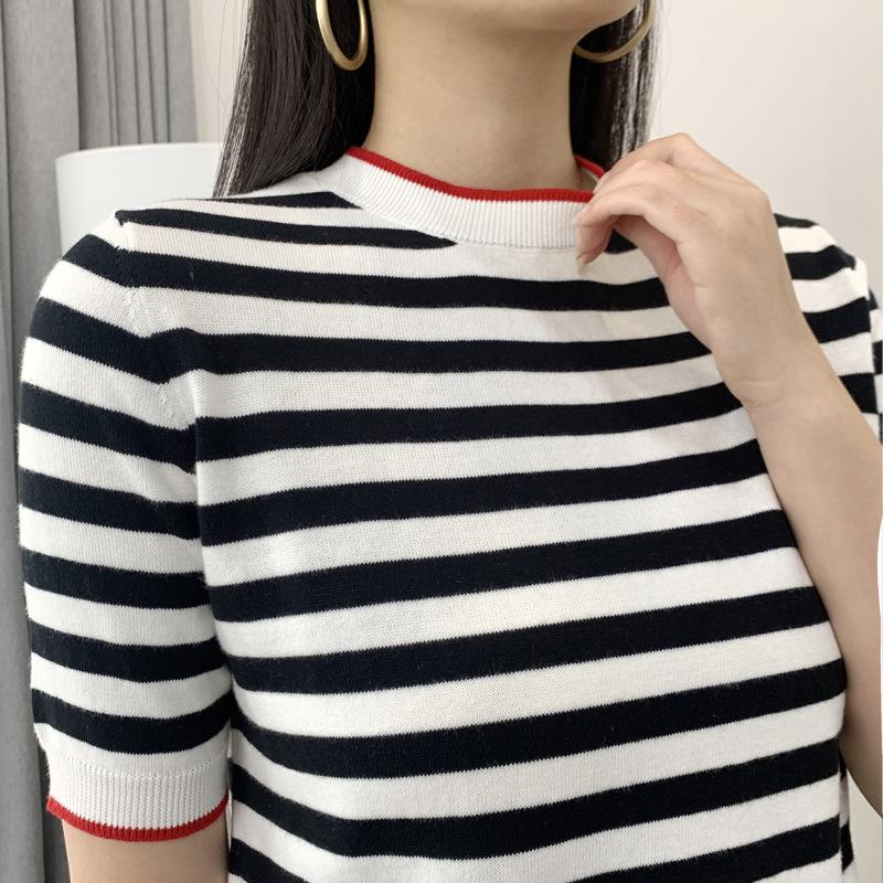 Pure Cotton Half-sleeved T-shirt for Women In Summer Updated Round Neck Color Block Striped Sweater Trendyable Versatile Short-sleeved T-shirt Top