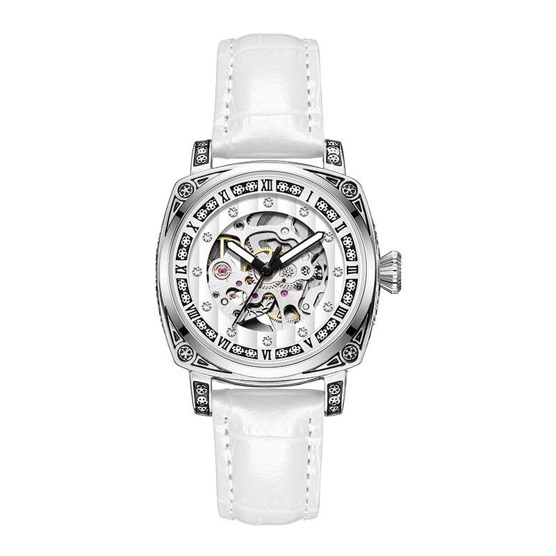 Fully Automatic Mechanical Tide Watch Fashion Trend Engraved Diamond-Encrusted Leather Strap Hand Luminous Waterproof Men'S And Women'S Watch