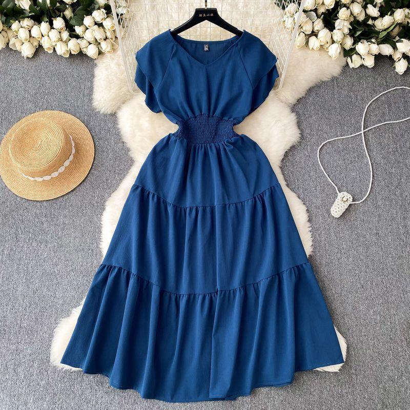 

Ruched Retro Summer Tight Waist Niche Style Large Swing Dress Dark Blue One size