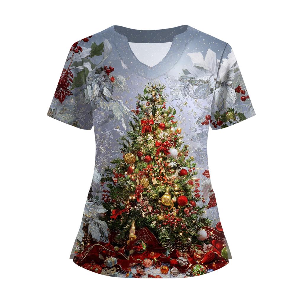 Women's Short Sleeved Christmas Printed V-neck Buttonable Side Slit Top T-shirt
