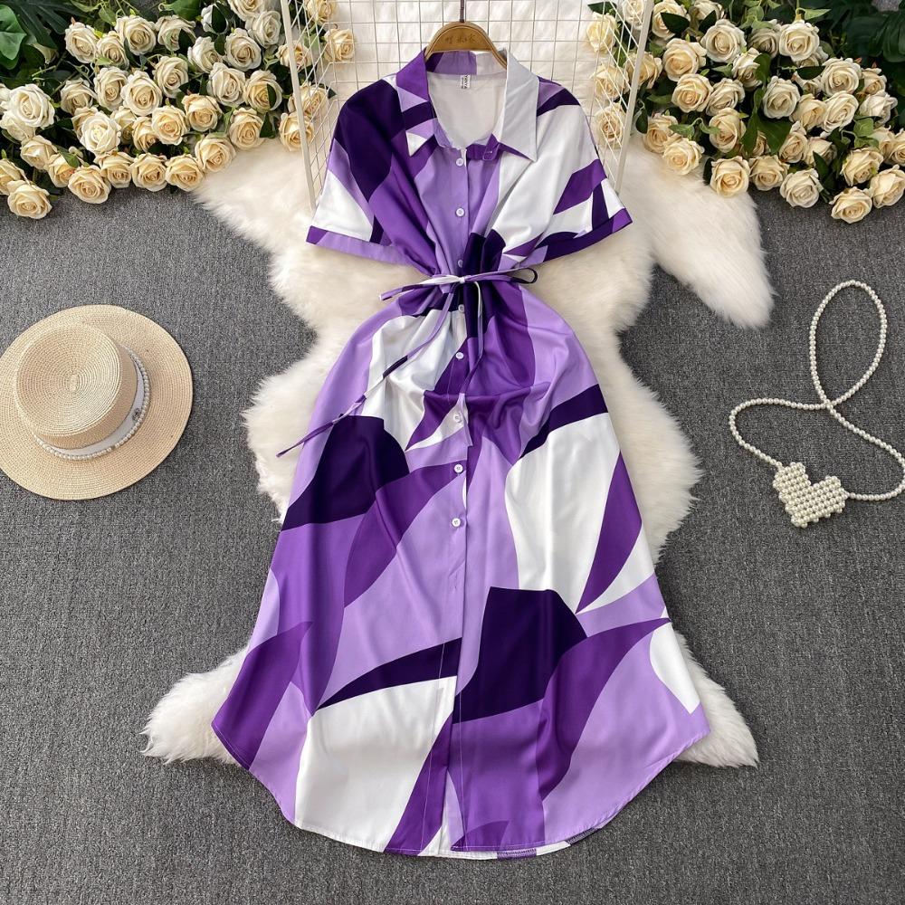 Women's Polo Neck Short Sleeve Geometric Print Maxi Shirt Dress High Waist Casual Dress