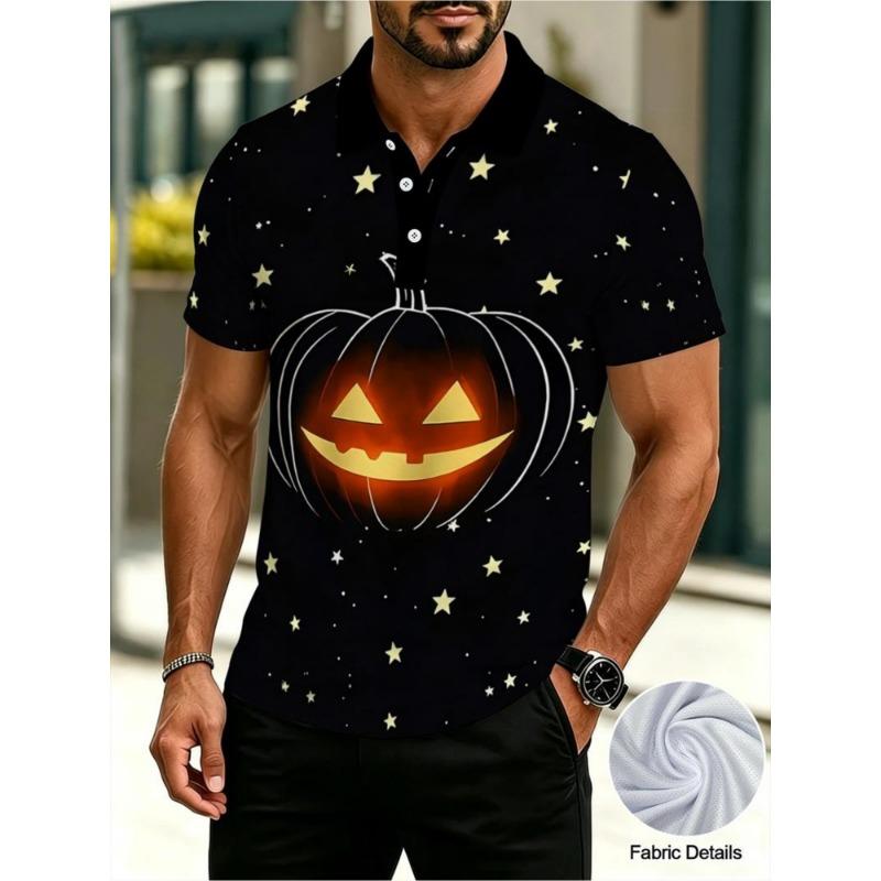 Maglietta Polo Uomo Stampa Zucca di Halloween Manica Corta Traspirante con Bottoni Polo Casual per Feste Festival di Halloween Top Polo