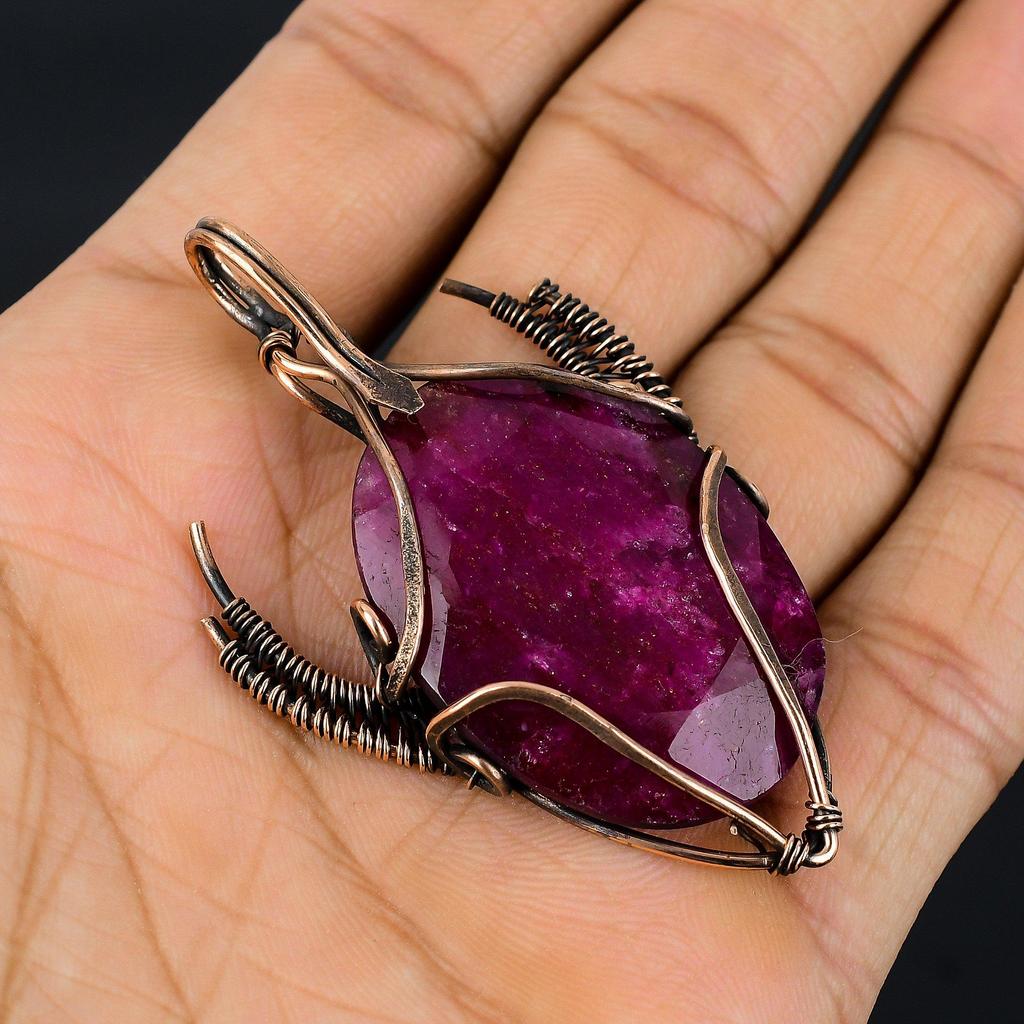 Ruby Pendant Gemstone Jewelry, 999 Copper Wire Wrapped Handmade Pendant, Latest Design Jewelry