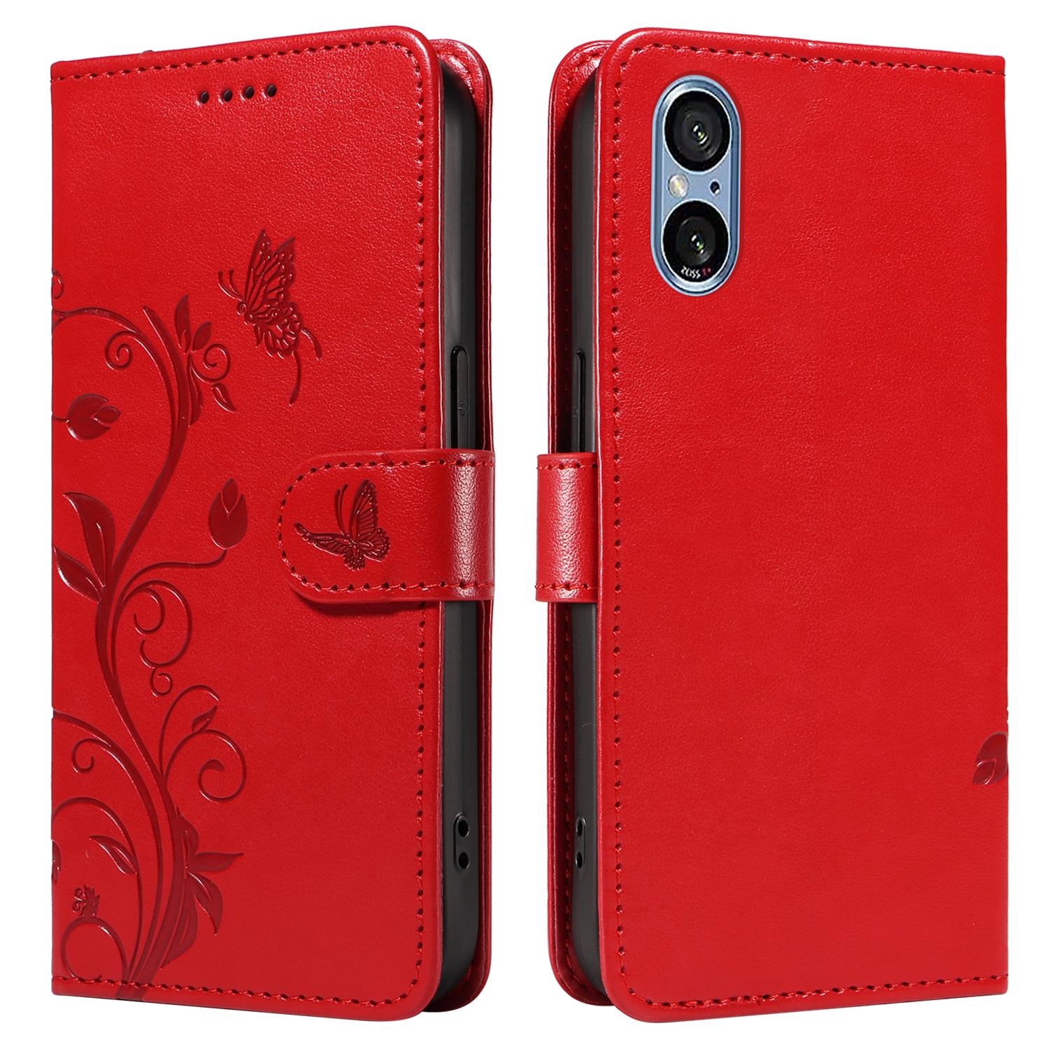 

For Sony Xperia 10 VI PU Leather Cases Flower Pattern Wallet Stand Phone Cover with Strap Red