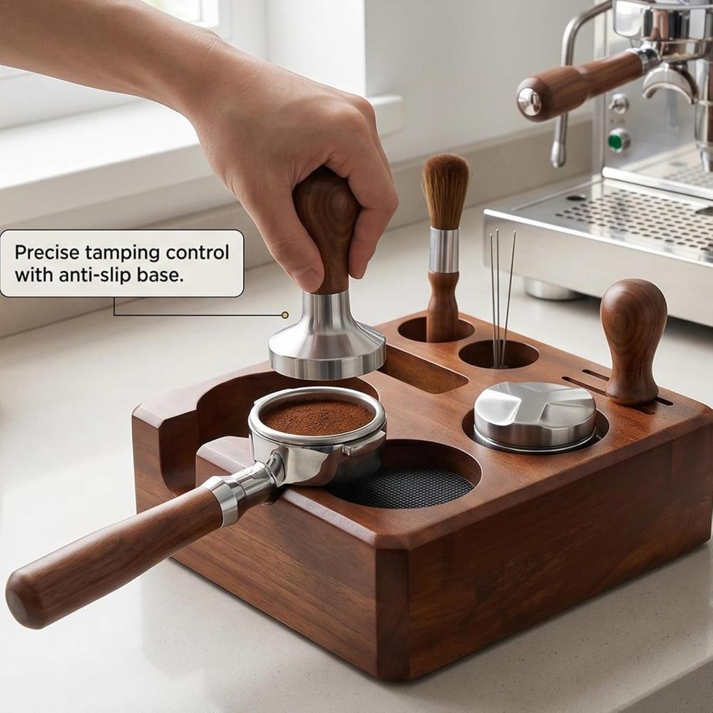 Adjustable Espresso Tamping Station Walnut Wood Tamper Holder Stand Coffee Station
