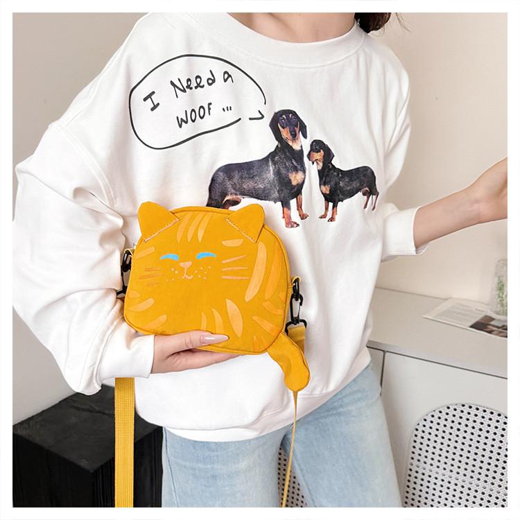 Cute Cat Mini Shoulder Bag With Cotton Material And Zipper Closure For Daily Use