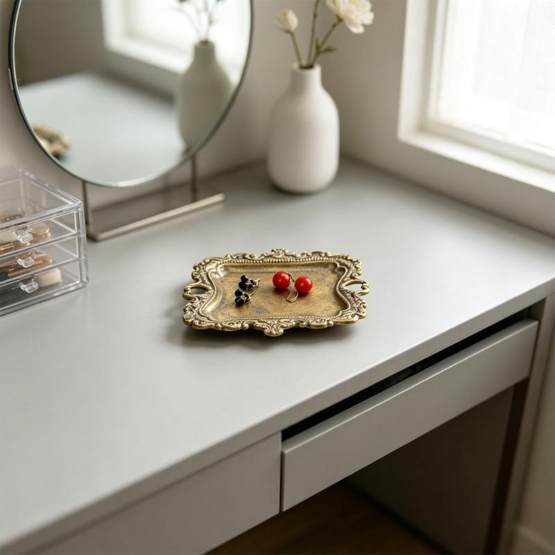 Decorative Jewelry Storage Tray in Resin with Vintage Styling, Raised Border, and Side Handles for Dresser or Entryway Use