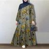 Damen Plus Size Baumwoll-Leinen Langarm Locker Floral Maxikleid 2026 Süß Lässig A-Linie Rock