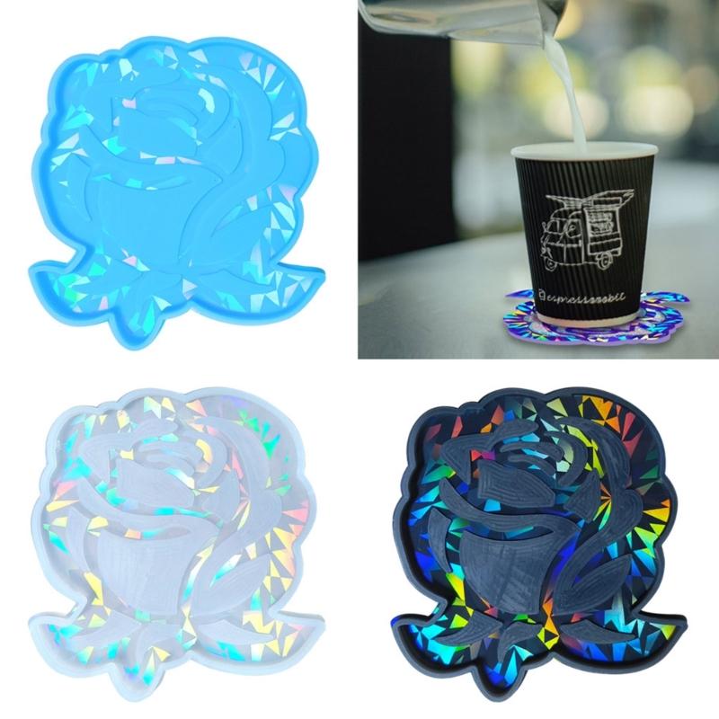 Silicone Resin Coaster Molds Holographic Cup Mat Epoxy Mold DIY Rose Flower Home Ornament Drink Mat Mold Craft Tool