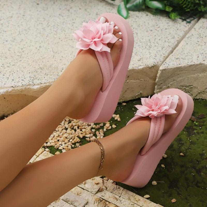 Women's Handmade Flower Decorated Flip Flops Slippers for Beach Vacation Casual Comfortable Flat Sandals Red Shoes