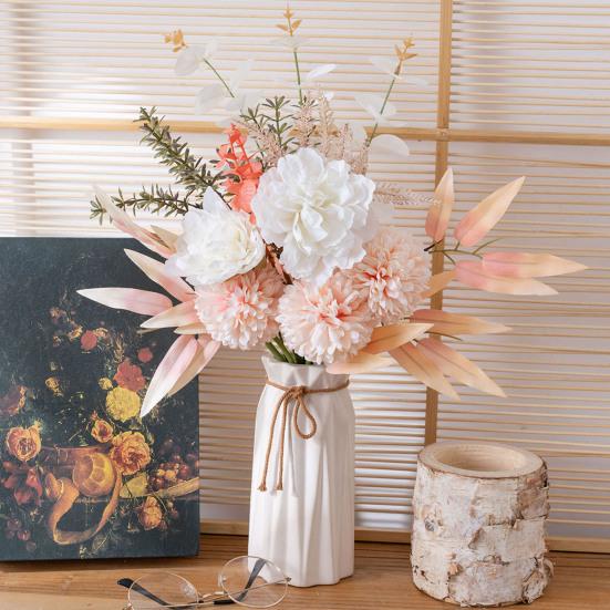 Fake Peonies Artificial Flower Bouquet Realistic Peony Chrysanthemum with Eucalyptus Leaves Faux Silk Floral Arrangement for Wedding Bouquets Baby