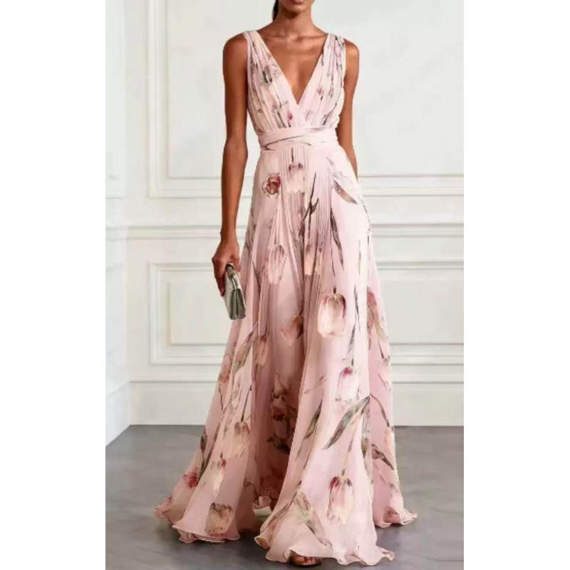 2026 European and American fashion evening dress A-shaped skirt women's sleeveless V-neck printed pendulum dress
