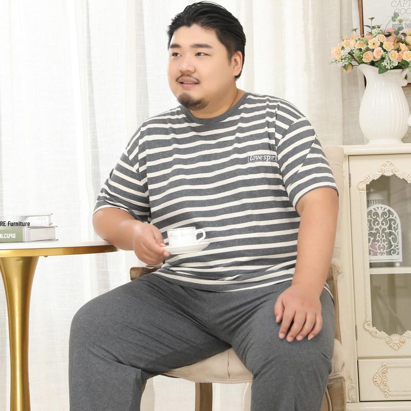 Mei Ji Yun Men's 5XL Pure Cotton Pajama Set - Short Sleeve Top & Long Pants, Plus Size, Round Neck