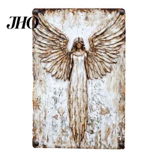 Retro Angel Relief Art Rustic Guardian Metal Wall Art, Vintage Distressed Wings Hanging Nostalgic Ornament Plaque for Farmhouse, Living Room, Bedroom,