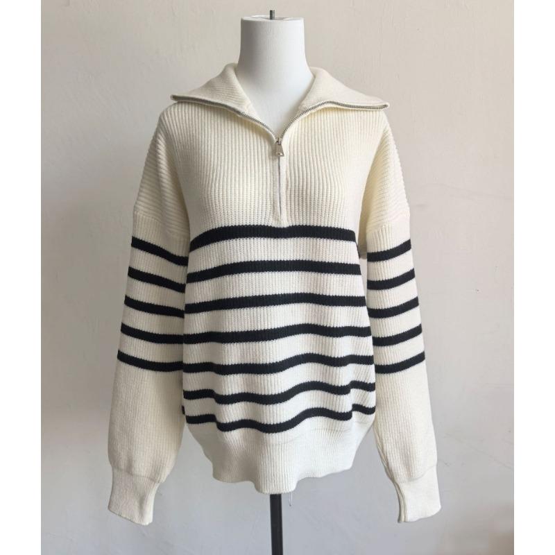 Vintage Striped Loose Commuter Half Zipper Lapel Pullover Sweater Autumn and Winter Women's New Knitted Sweater