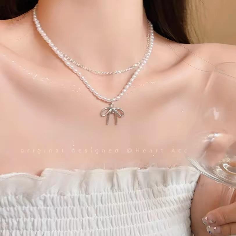 Broken silver metal bow love pearl necklace women's niche design personalized versatile high-grade neck chain collarbone chain