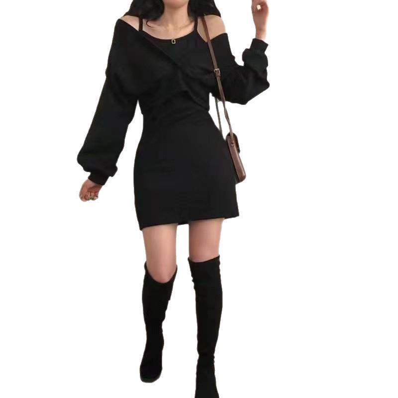 Women's French Velvet Camisole Dress & Long Sleeve T-shirt Set - Slim Fit, Solid Color