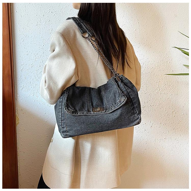 Women's 2024 Retro Casual Denim Chain Shoulder Bag – Large Capacity Commuting Tote