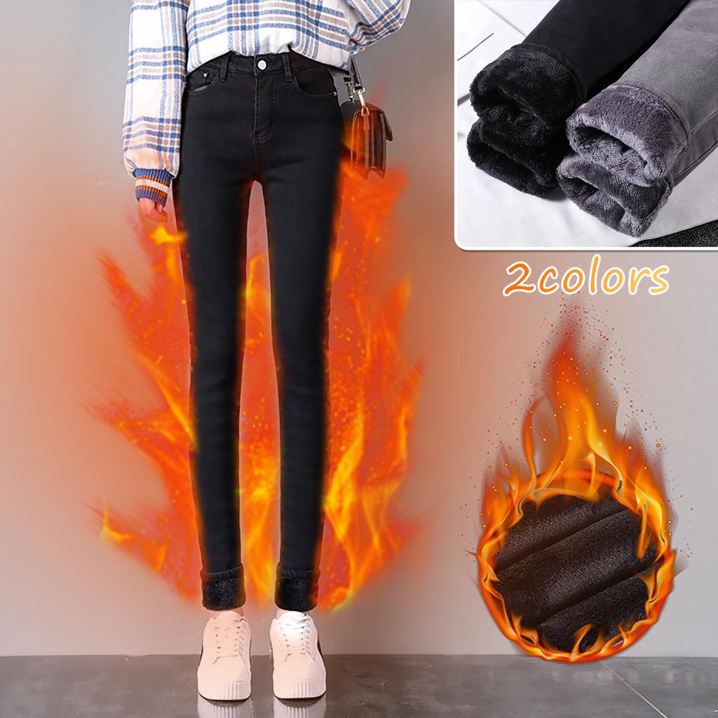 Fashion Women Plus Size Plus Velvet Elastic High Waist Casual Jeans Pencil Pants