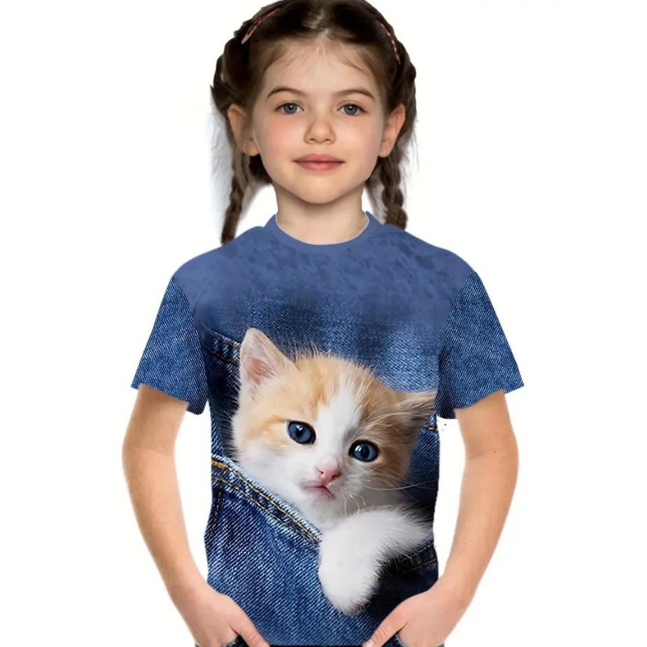 Kids T Shirts 2025 Summer New Girl's Stylish Cute Animal Play, Printed Pattern Round Neck Short Sleeve Tops