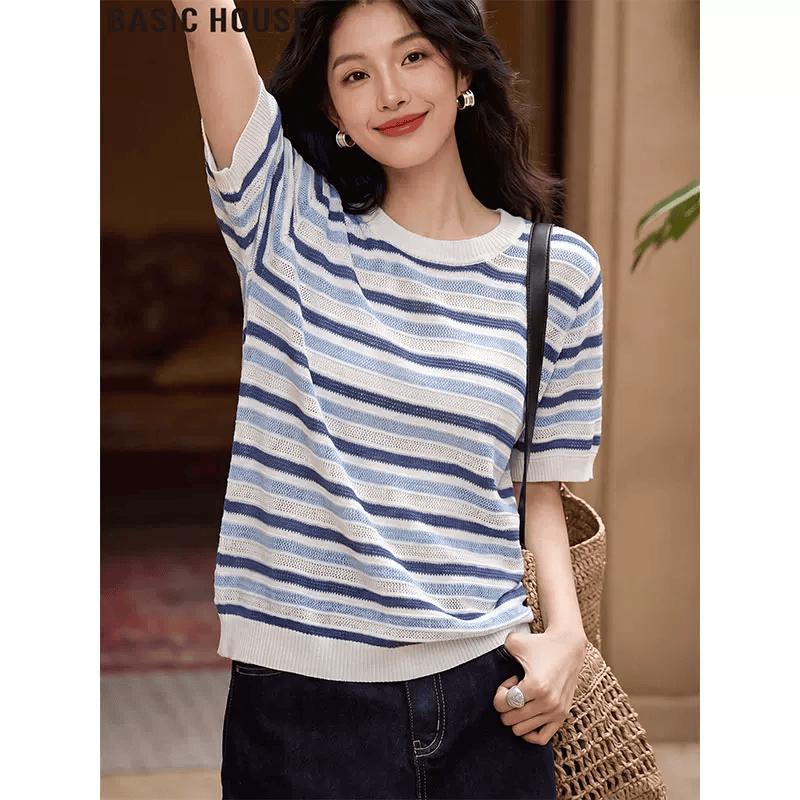 Basic House Women s Striped Knit Short Sleeve T-shirt S