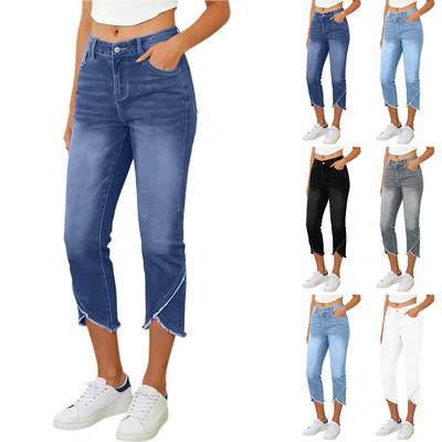 Damen High Waist Jeans mit Taschen Skinny Jeans Capris Lässige Arbeits-Jeanshosen