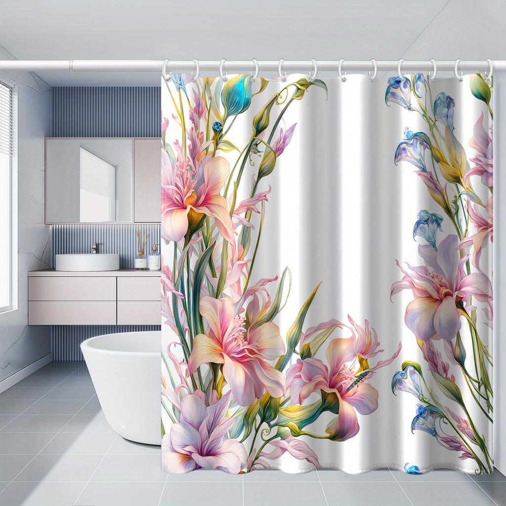 1Pc Floral Lily Print Waterproof Polyester Shower Curtain With Hooks, Machine Washable, Artistic Design, Polyester Fabric