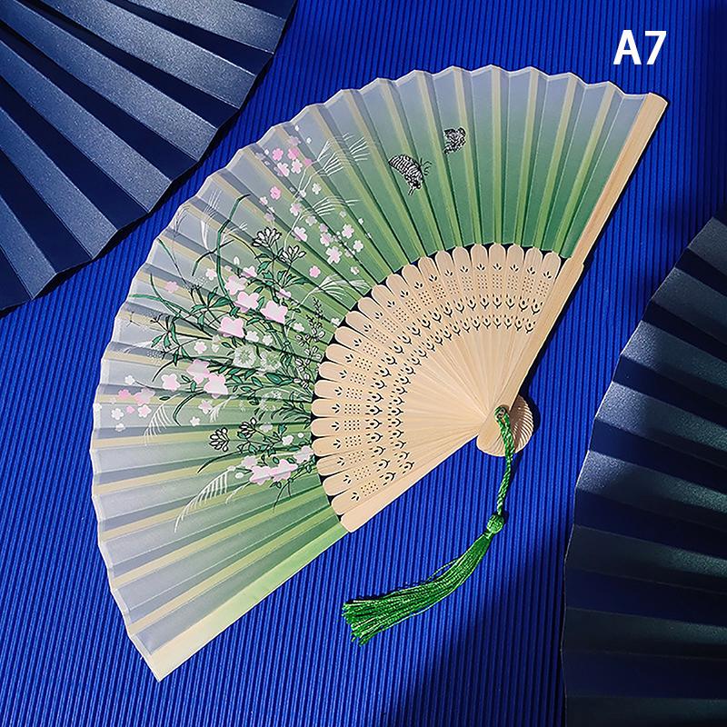 Vintage Chinese Style Folding Fan Bamboo Hand Fan Wooden Shank Classical Dance Fan With Tassel Elegent Female Fan Home Decor