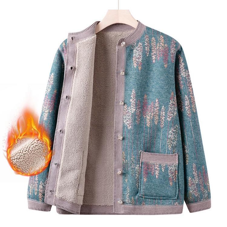 Middle-aged and Elderly Warm Sweater Female Grandma Plus Velvet Thickened Jacket Mother Autumn and Winter Fashionable Top Old Lady Clothes
