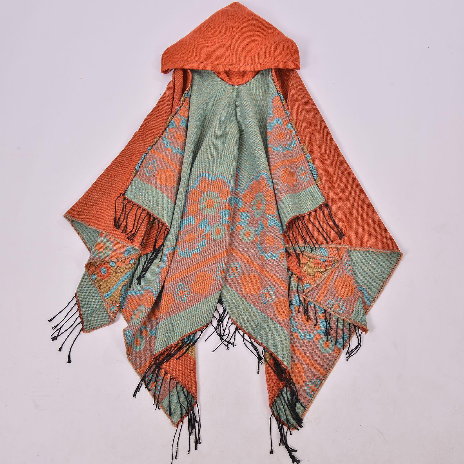 

Европейская и американская модная утолщенная красочная полосатая шаль из пашмины на осень-зиму, теплая жаккардовая длинная накидка с капюшоном оранжевый