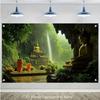 Buddha-Tempel Wasserfall Wandteppich, Zen-Garten Meditationskunst, Buddhistische Dekoration, Friedliche Natur, Wohnzimmer Stoffdruck