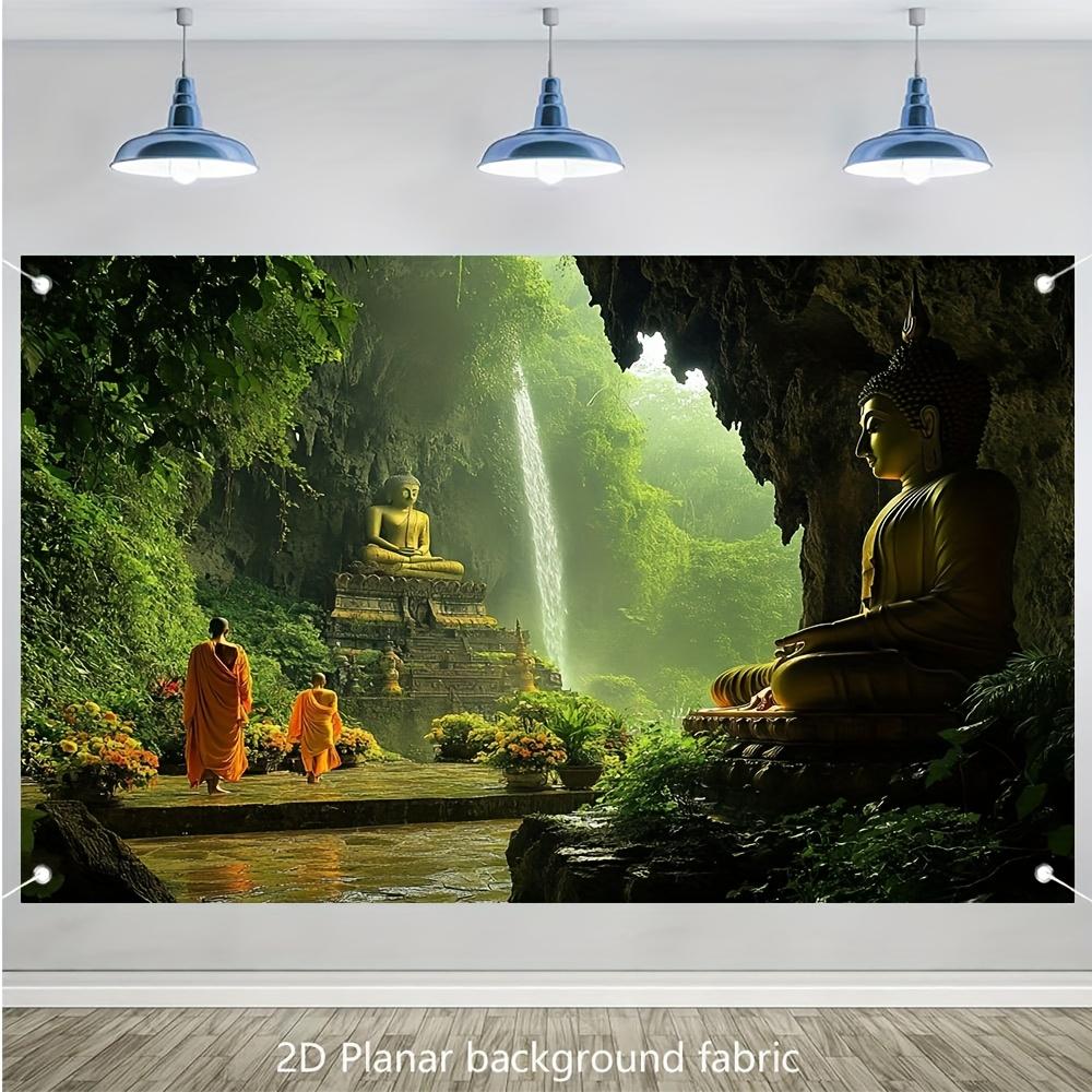 Buddha-Tempel Wasserfall Wandteppich, Zen-Garten Meditationskunst, Buddhistische Dekoration, Friedliche Natur, Wohnzimmer Stoffdruck