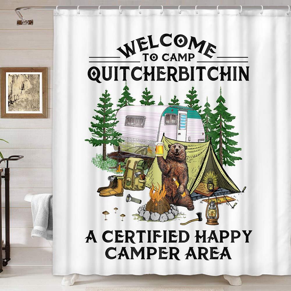 Funny Camping Bear Shower Curtain Welcome To Camp Happy Camper Area Machine Washable All Season Waterproof Privacy Protection W60H190(CM)-1 Pcs