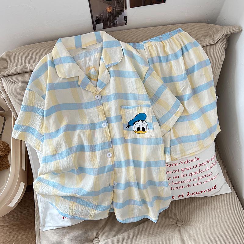 Women s Cloud Cotton Pajama Set: Short Sleeve Top, Short Pants, Plus Size, Loose Cardigan, Lapel Design for Spring and Summer. Extra Large