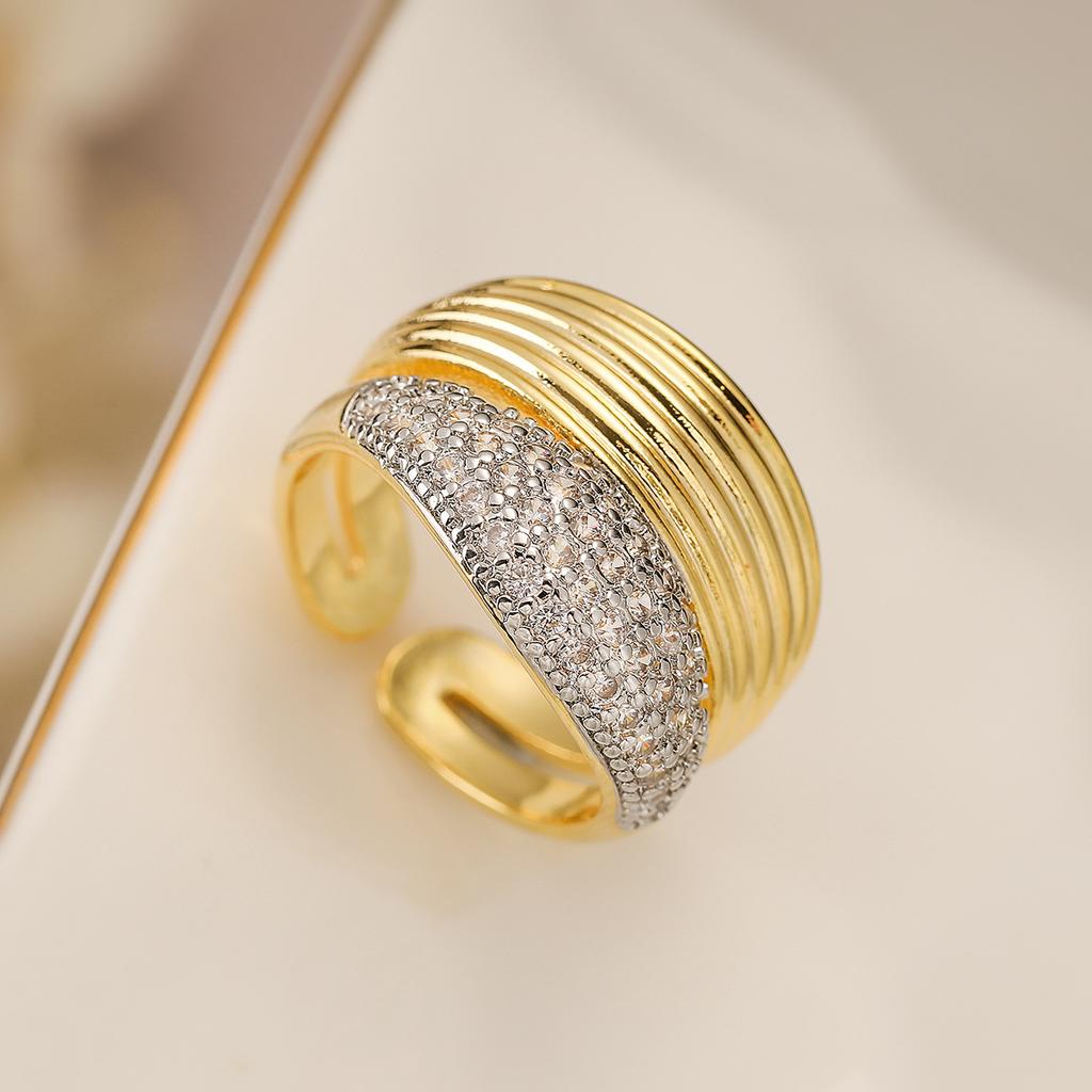 Two-Tone Geometric Open Cubic Zirconia Ring for Women, Adjustable Ins Fashion Jewelry, Minimalist Luxury Gift