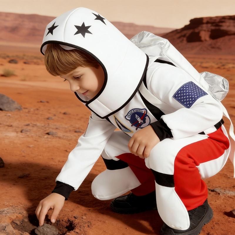 Astronaut Costume With 3D Rockets Backpack For Kids Role Play Science Theme Party And Stage Performances Soft Polyester Fabric