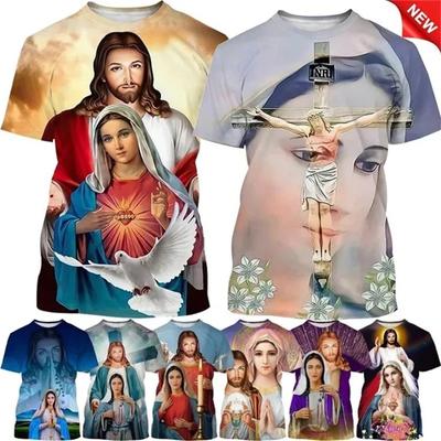 Christliches T-Shirt mit der Jungfrau Maria und der Mutter Gottes für Männer, Jesus liebt, lässiges Rundhals-T-Shirt, kurzärmelig, übergroßes Herren-T-Shirt
