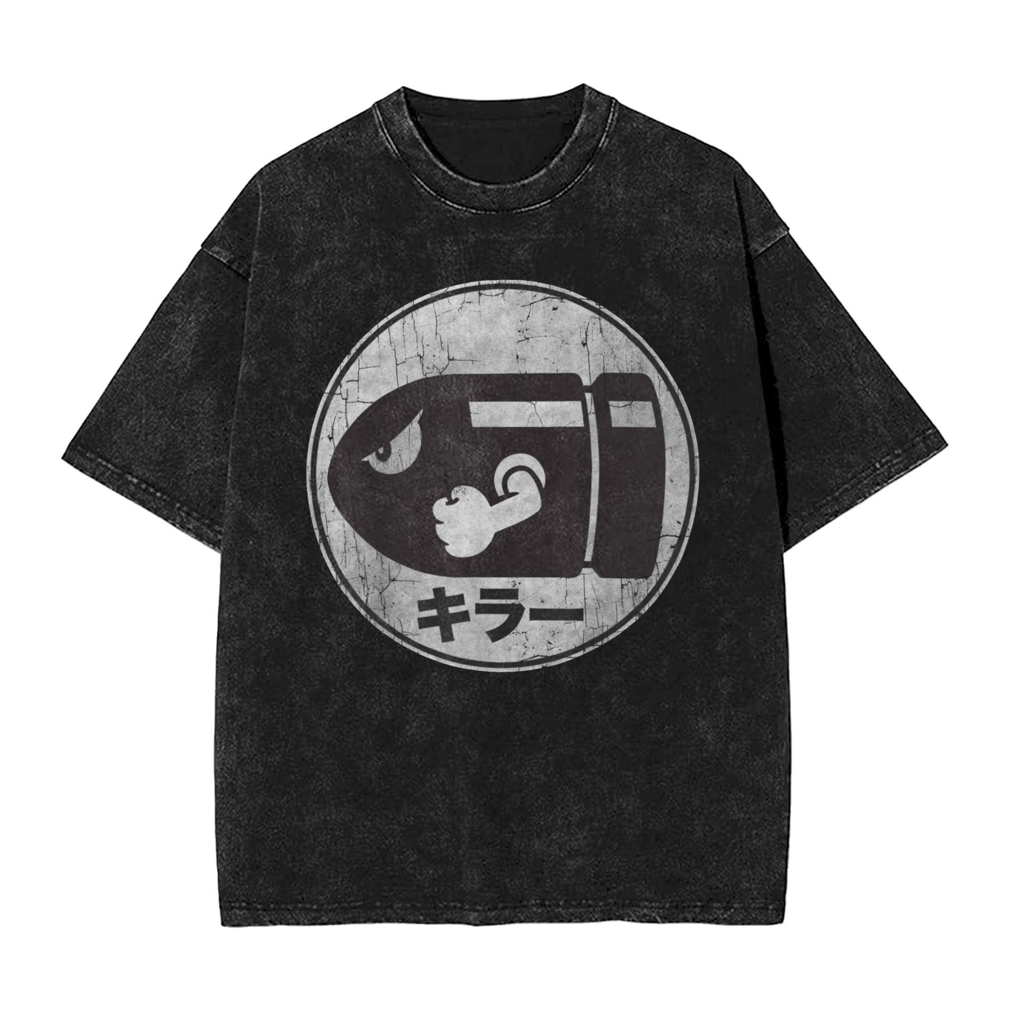 Washed T Shirt Super Marios Bullet Bill Distressed Kanji Logo Hip Hop Vintage TShirt Harajuku Streetwear Cotton Tees Unisex S