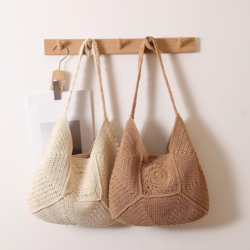 Korean Vintage Hollowed Handwoven Cotton Tote Bag With Magnetic Closure For Casual Outings