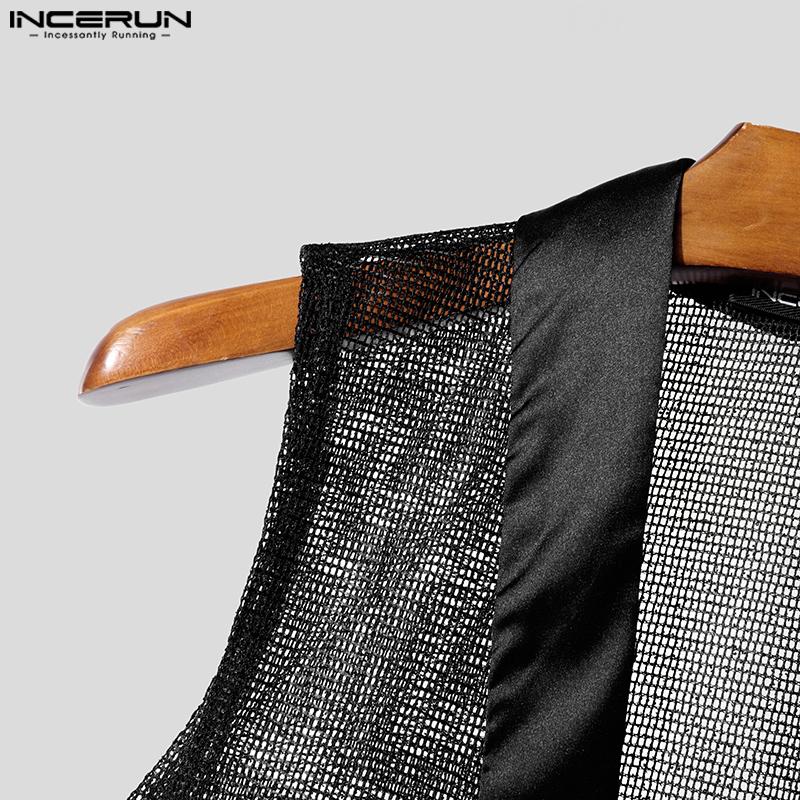 INCERUN Men Deep V Neck Sleeveless Stitching Mesh Sheer See Through Party Tank Tops