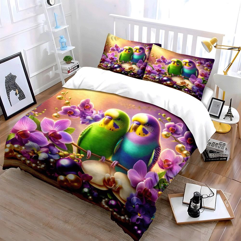 Colorful Birds And Orchid Decor Exquisite Three-Piece Bedding Set Gift For Kids And Adults