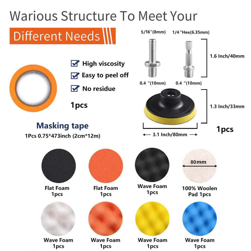 98Pack 3 Inch Car Buffer Polisher Kit with 5/16" & 1/4" Shanks for Sanding, Polishing, Waxing, Sealing Glaze,Sanding Pads Includes P1000-3000 for