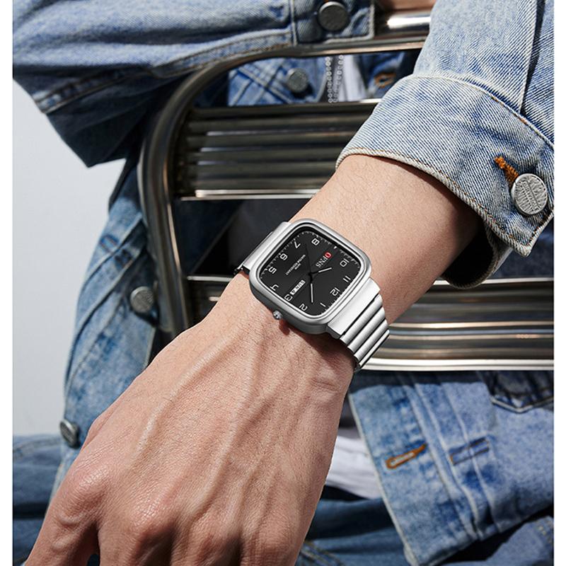 Wristwatch Silver Alloy Square Numeral Dial Quartz Watch Men's Business Casual Waterproof Watches
