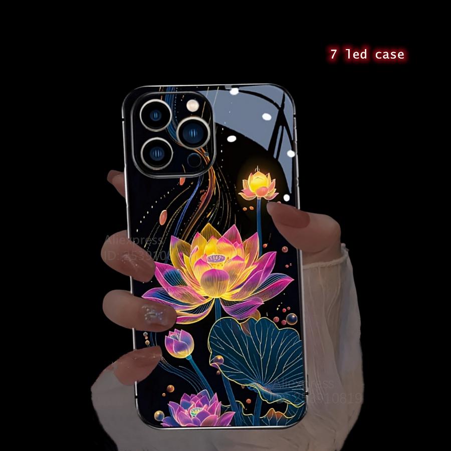 

Colorful Lucky Lotus Flash Flower Phone Case For iPhone 13 Case 16 Pro Max 16e 15 11 14 13 12 XR LED Shine Carcasa Glass Cover iPhone 14 Plus