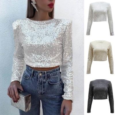 Women Cropped Tops Round Neck Long Sleeve Sequin Embellished T-Shirt Loose Fit
