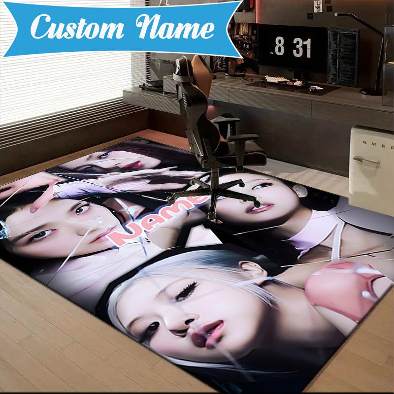 Custom Name Floral Fashion Kpop BP Rug for Living Room, Game Rooms, Office, Bedroom, Floor Mat Playful Design, fan gifts Christmas decor
